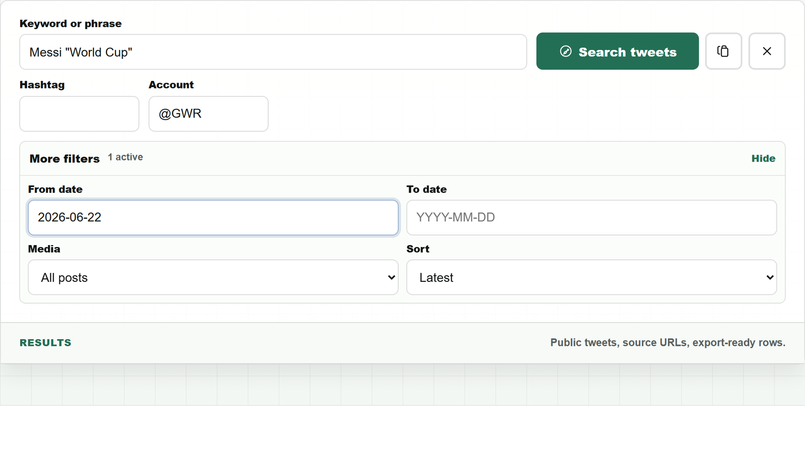 Screenshot of CarryFeed Advanced Search with a Messi World Cup record query filled into the product interface.