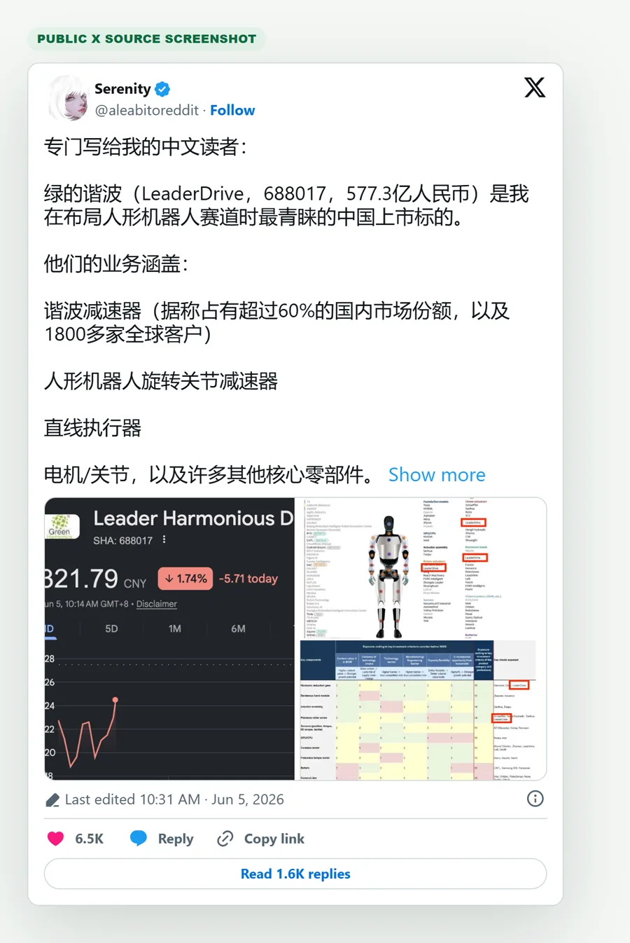 Screenshot of Serenity's public LeaderDrive robotics thesis post on X.
