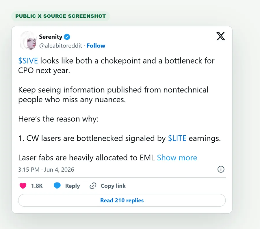 Screenshot of Serenity's SIVE CPO bottleneck post on X.