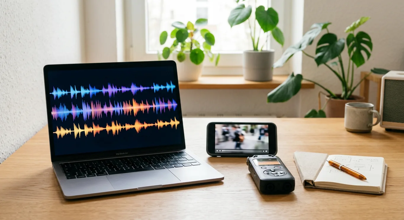 Generated editorial image of a desk setup checking waveform audio from a public social video.