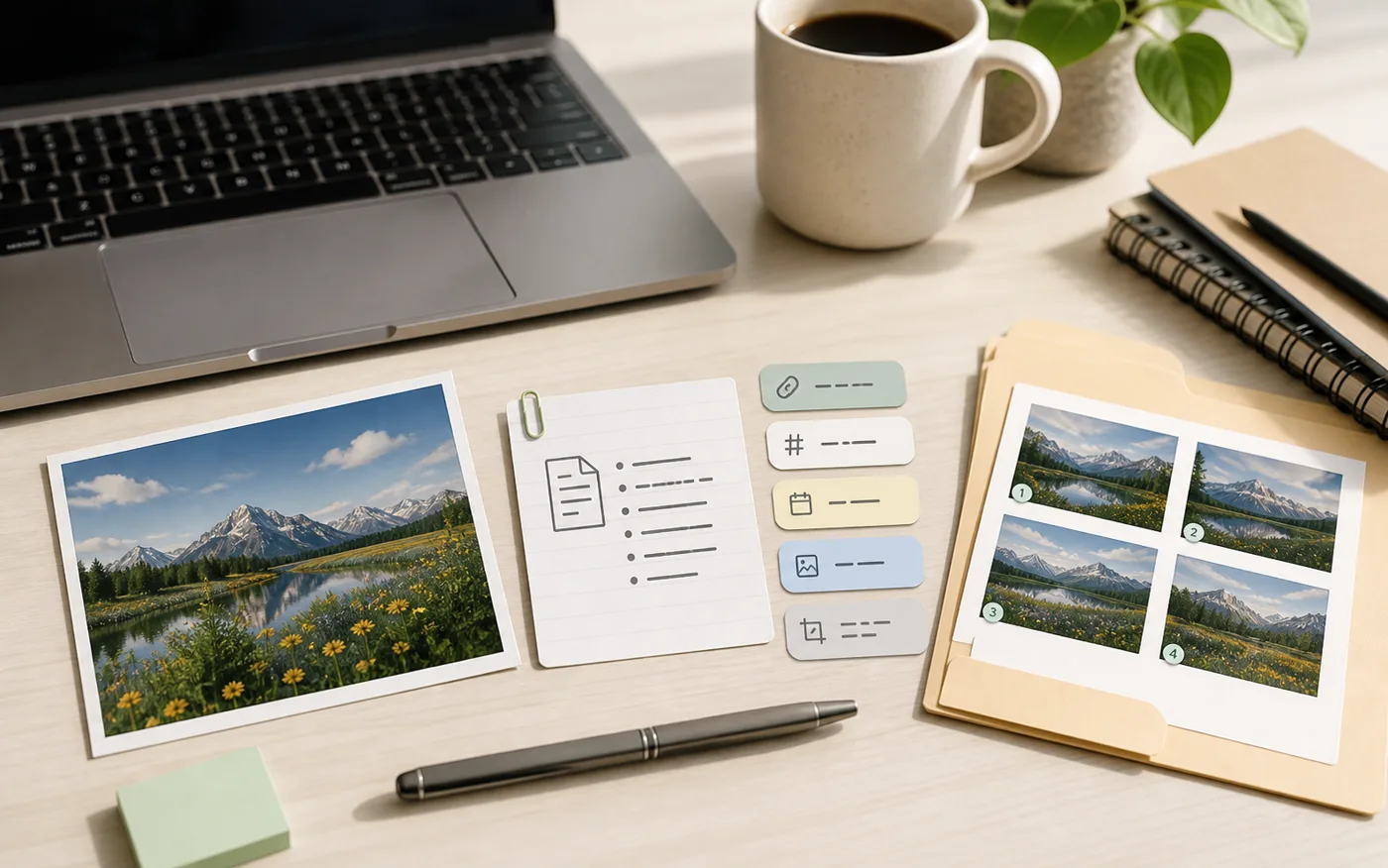 Desk workflow showing a saved image, source note, metadata chips, and numbered multi-photo archive sheet.