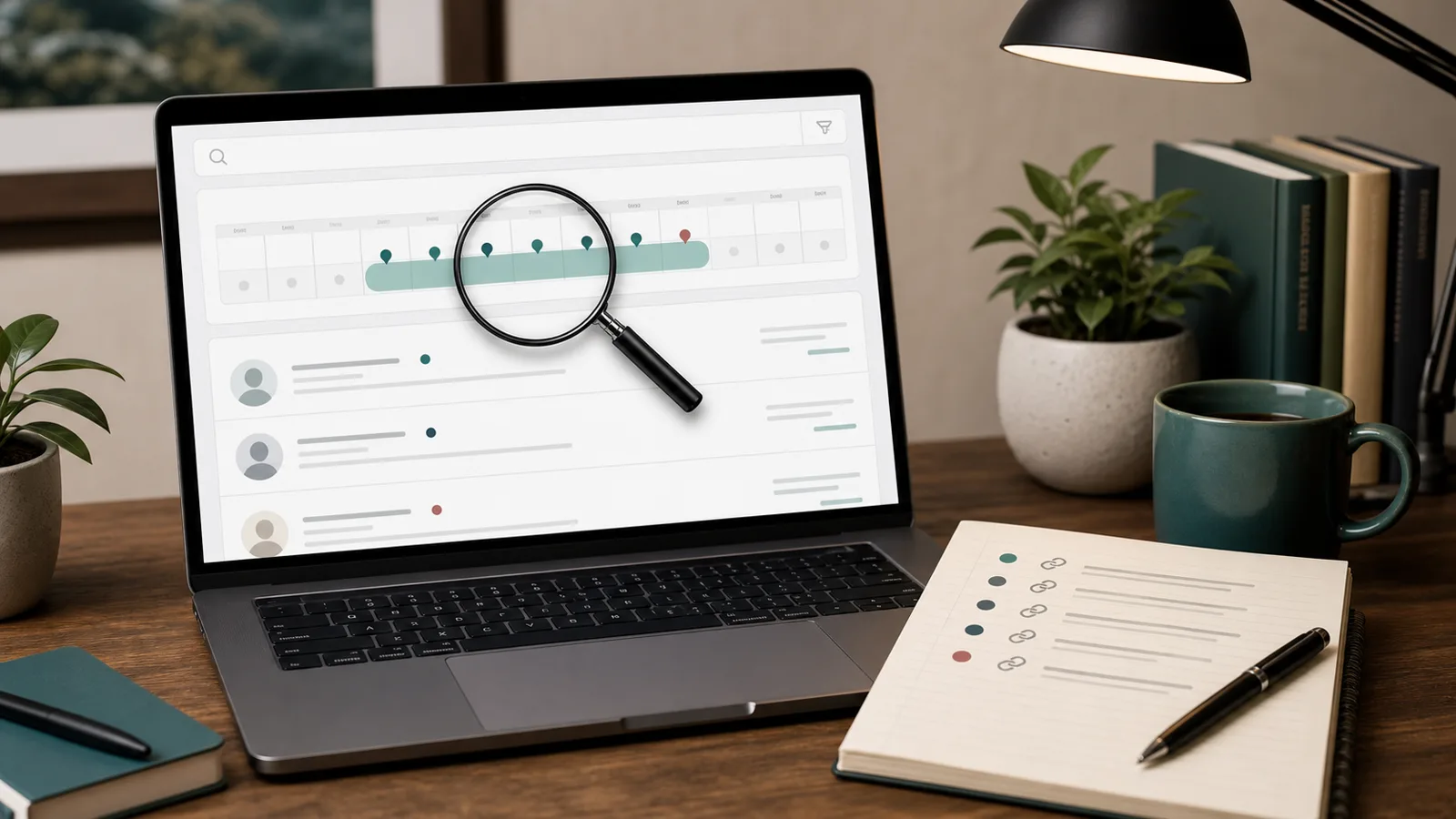 Illustration of a date-window search with a calendar range, public result cards, and saved source links.