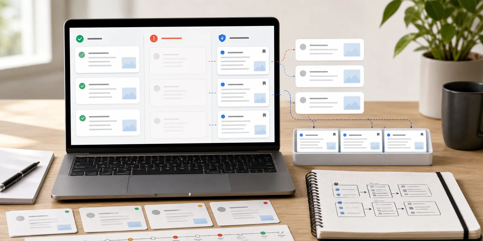 Research desk showing public social search cards split into found, missing, filtered, and saved search notes.