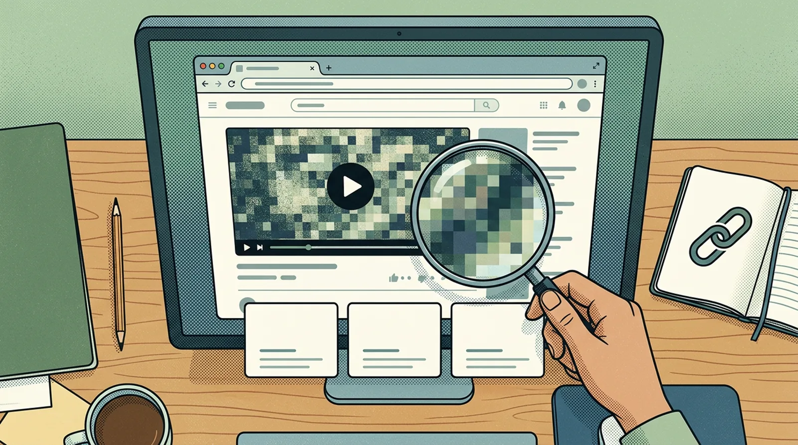 Editorial illustration of a video quality check with public video choices, a magnified preview, and a source link note.