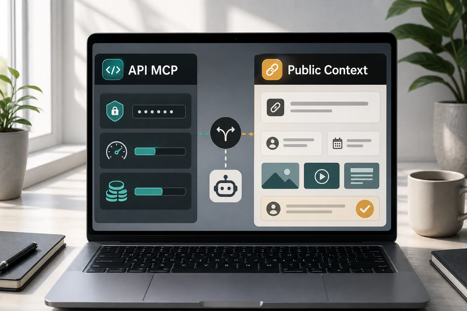 Editorial illustration comparing an API MCP setup panel with a public-source context panel for AI agents.